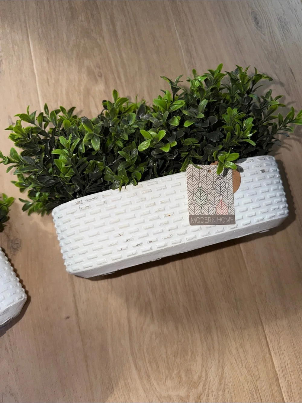 Modern Home 2 White Woven Planter with Lush Green Faux Boxwood